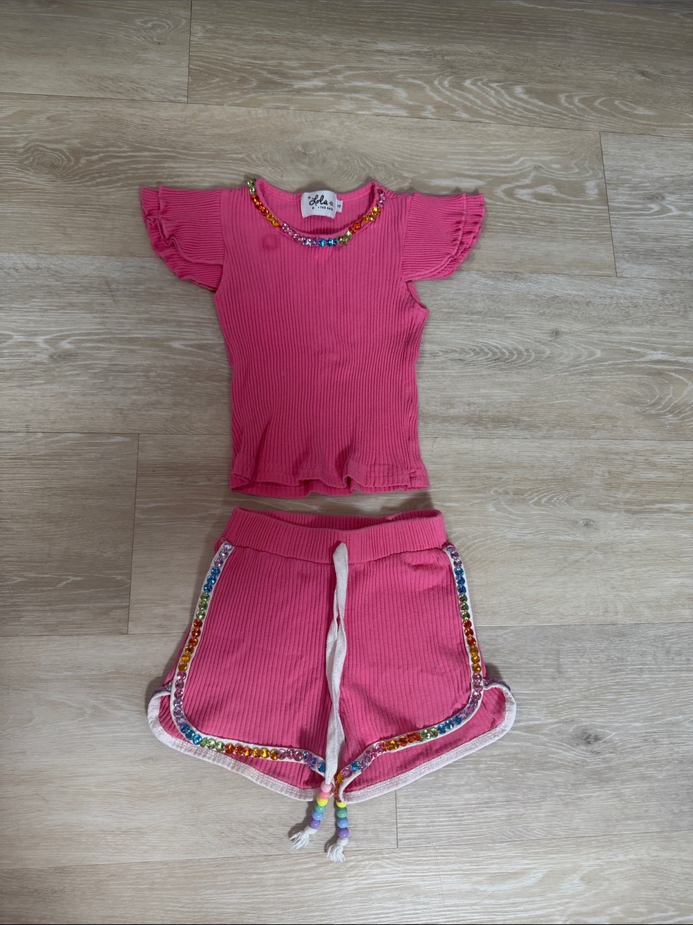 Lola and The Boys Pink Ribbed Two-Piece Set with Rainbow Beading